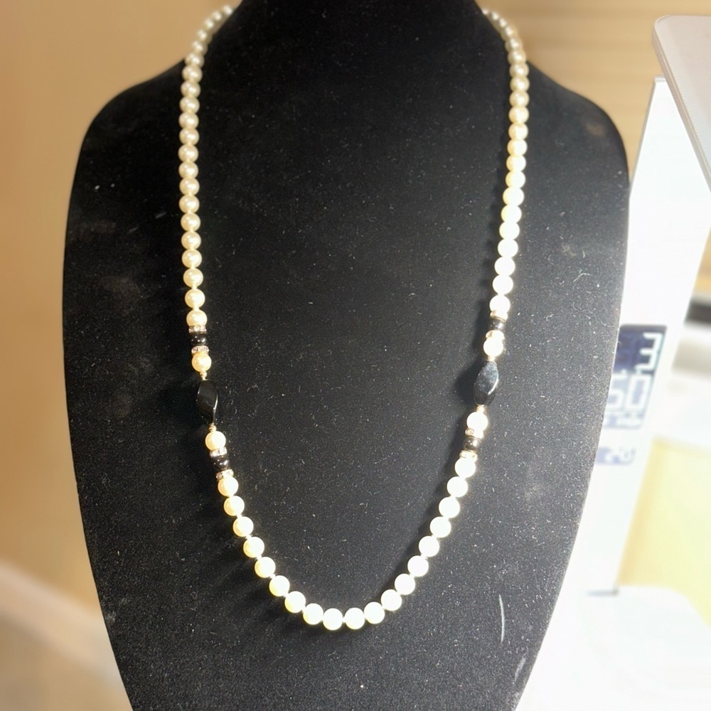 3/$25 Faux Pearl, Black and Crystal 24” necklace